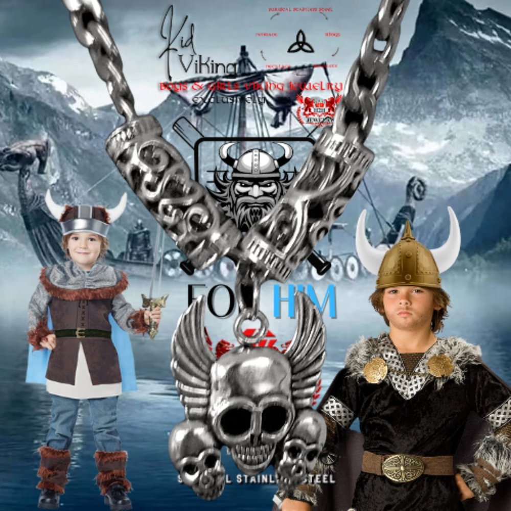 H2H JEWELRY Surgical Stainless Steel 316L Kid Viking Curb Chain Skull Pendant-